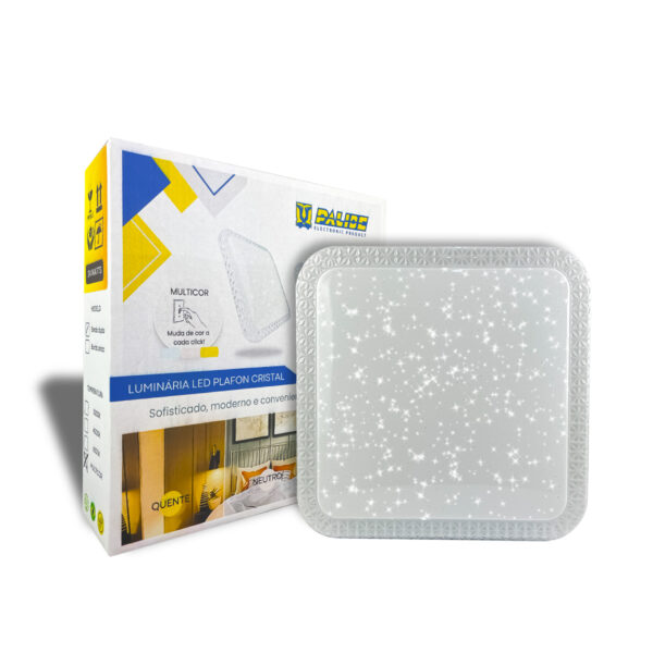 Lustre Plafon Cristal Led 44x44 30-60w Multicor Sobrepor Quadrado